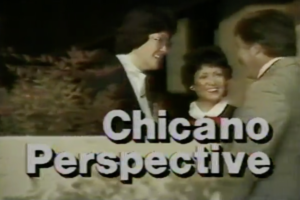 Still image of three people looking at each other with the title Chicano Perspective